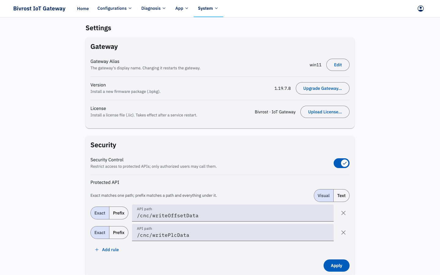 Settings page